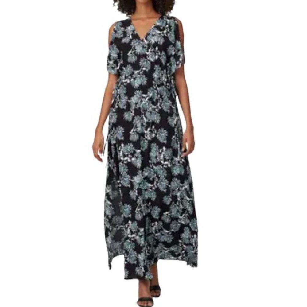 THAKOON Collective Women's Black Floral Deep V Maxi Dress Short Sleeve Size 10